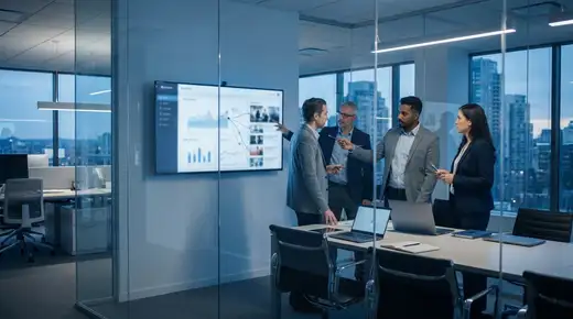 Professionnel en réunion devant des écrans affichant des tableaux de bord analytiques dans un bureau moderne, ambiance cinématique bleue