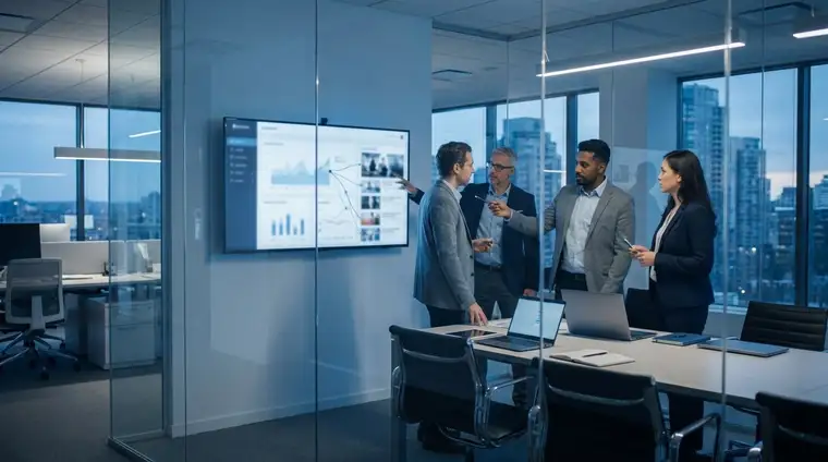 Professionnel en réunion devant des écrans affichant des tableaux de bord analytiques dans un bureau moderne, ambiance cinématique bleue