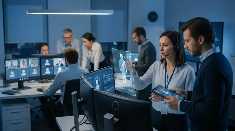 professionnel en réunion devant des écrans affichant des avatars IA en ambiance bleue cinématique