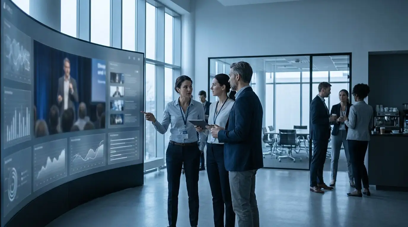 Scène de bureau moderne avec écrans et équipe en discussion, lumière froide cinématique, ambiance agence B2B