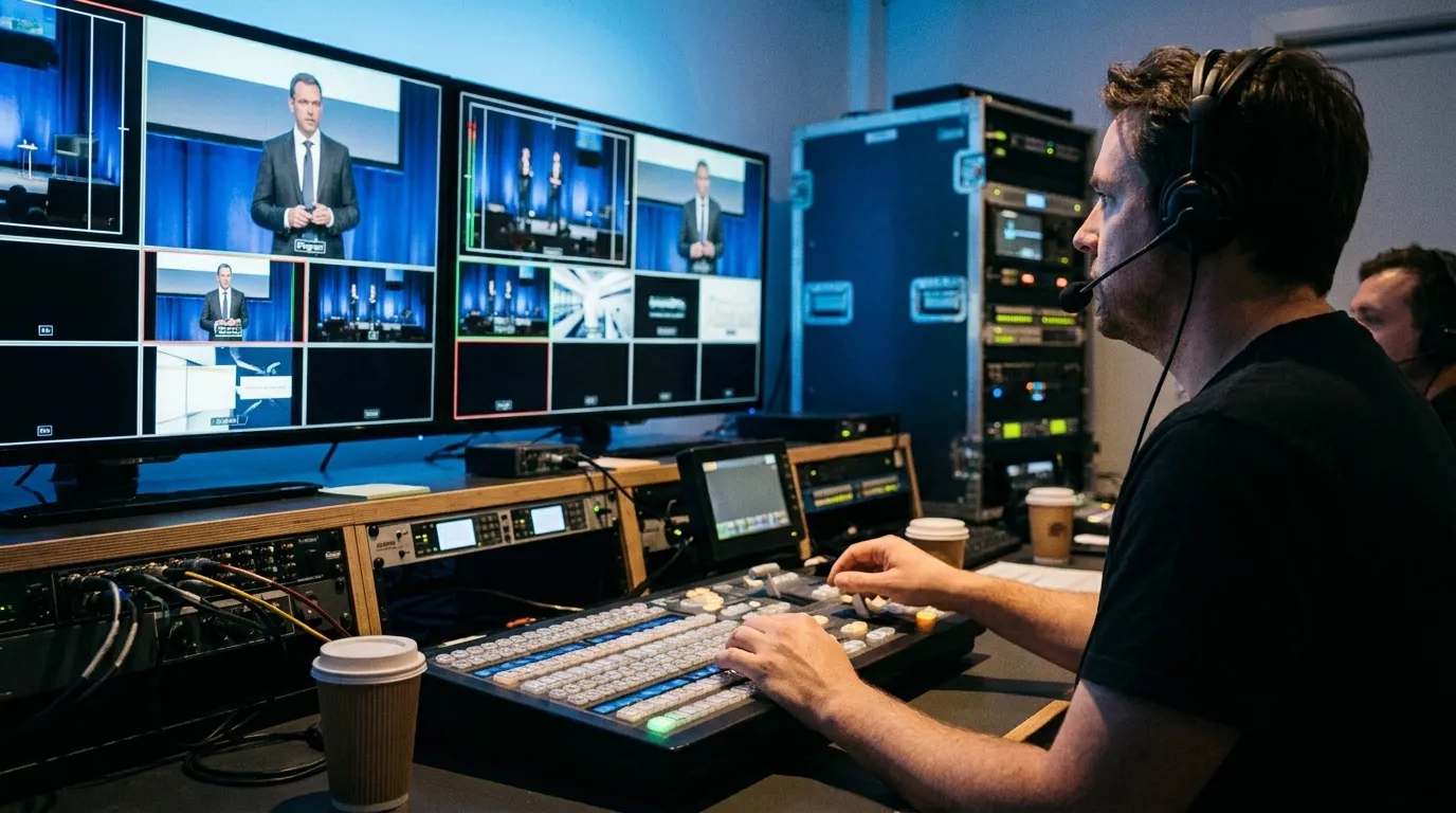 Une régie vidéo en direct avec mélangeur et écrans diffusant un webinaire corporate, opérateur au casque.