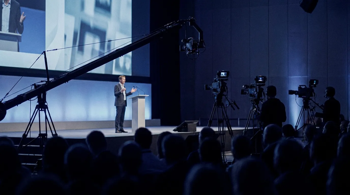 Captation multicaméra d’une keynote sur scène, grue caméra et public en silhouette.