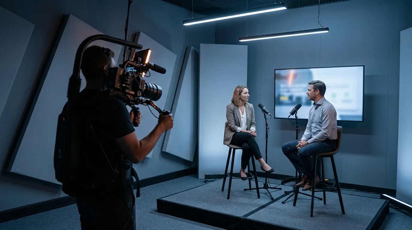 Table ronde filmée en studio : deux intervenants sur tabourets, micros et caméra à l’épaule.