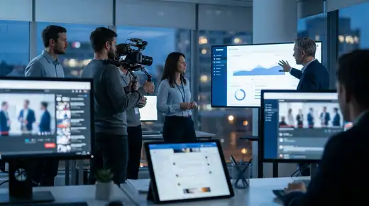 Professionnel en bureau moderne regardant un écran avec des contenus vidéo B2B, ambiance cinématique bleutée