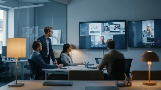 Équipe en open space analysant des vidéos d'entreprise sur de grands écrans, identité visuelle homogène, lumière tamisée bleutée