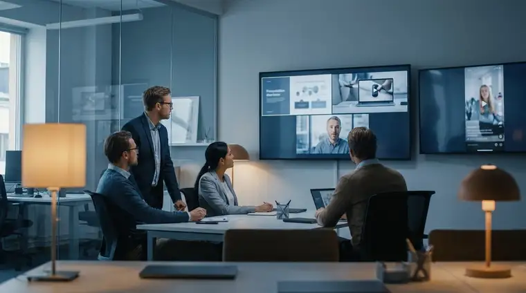 Équipe en open space analysant des vidéos d'entreprise sur de grands écrans, identité visuelle homogène, lumière tamisée bleutée