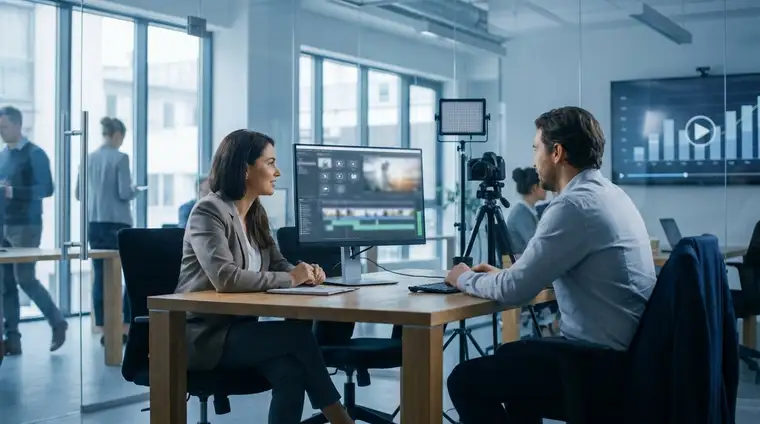 Professionnel filmant une courte vidéo B2B dans un bureau moderne, ambiance cinématique bleu froid