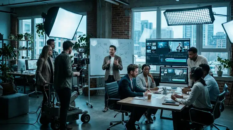 Professionnel filmant une vidéo dans un bureau moderne avec un éclairage cinématographique bleu