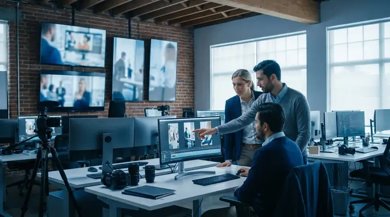Équipe marketing visionnant des vidéos courtes sur plusieurs écrans dans un bureau moderne aux tons bleutés