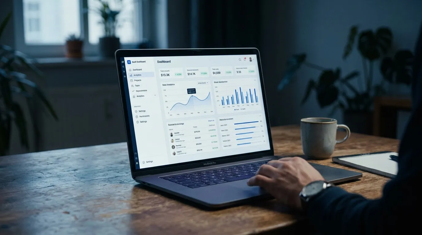 Un écran de logiciel SaaS montre une interface claire avec graphiques pendant une démo produit.