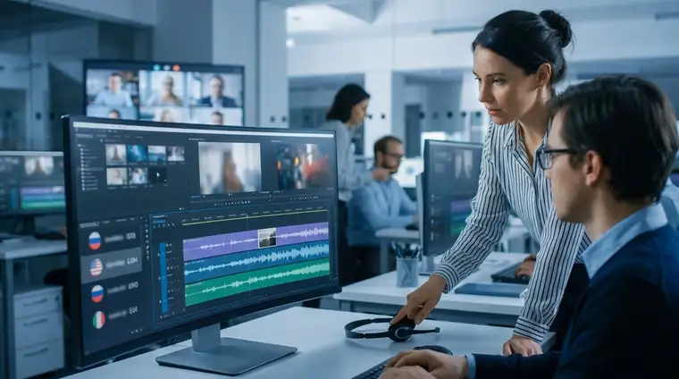 Deux professionnels devant des écrans affichant des interfaces de traitement audio multilingue, lumière bleue cinématographique