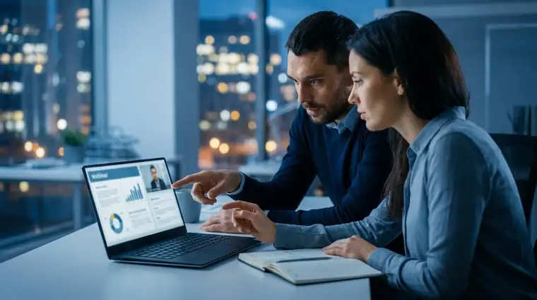Deux professionnels regardent un écran affichant une présentation de webinaire dans un bureau moderne aux tons bleutés