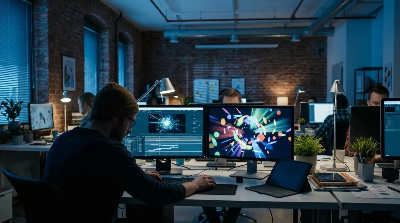 Studio de motion design : un graphiste anime une vidéo explicative sur double écran, timeline et animation colorée.
