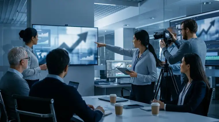 Équipe B2B en salle de réunion devant des écrans affichant des données marketing, ambiance cinématique bleu