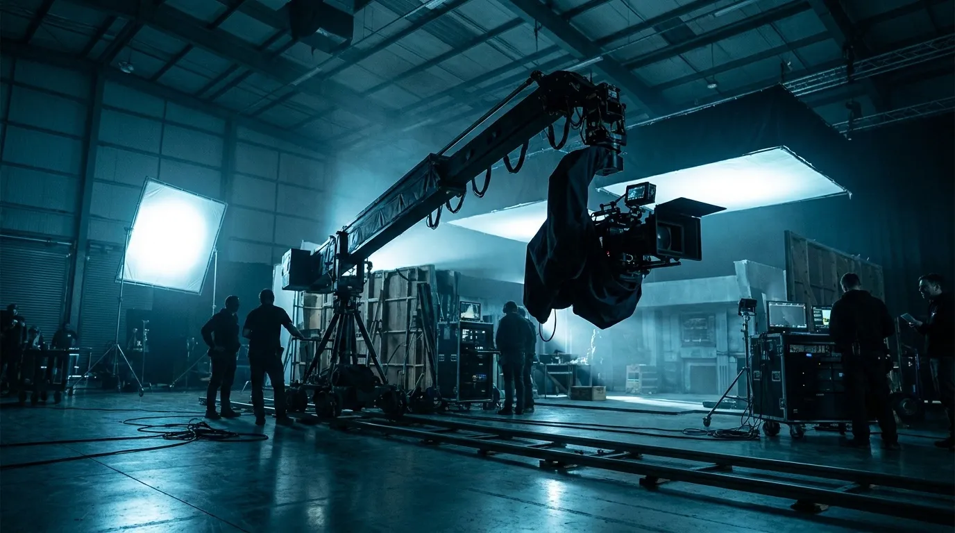 Plateau de film de marque : caméra cinéma sur grue, éclairages et équipe dans un grand studio, ambiance bleutée.