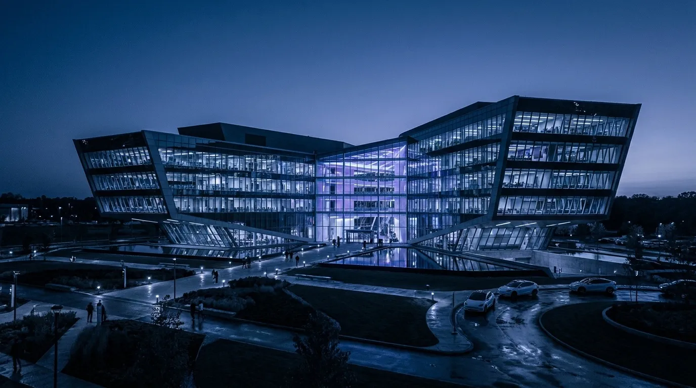 Un siège d’entreprise à l’architecture spectaculaire, illuminé à l’heure bleue.