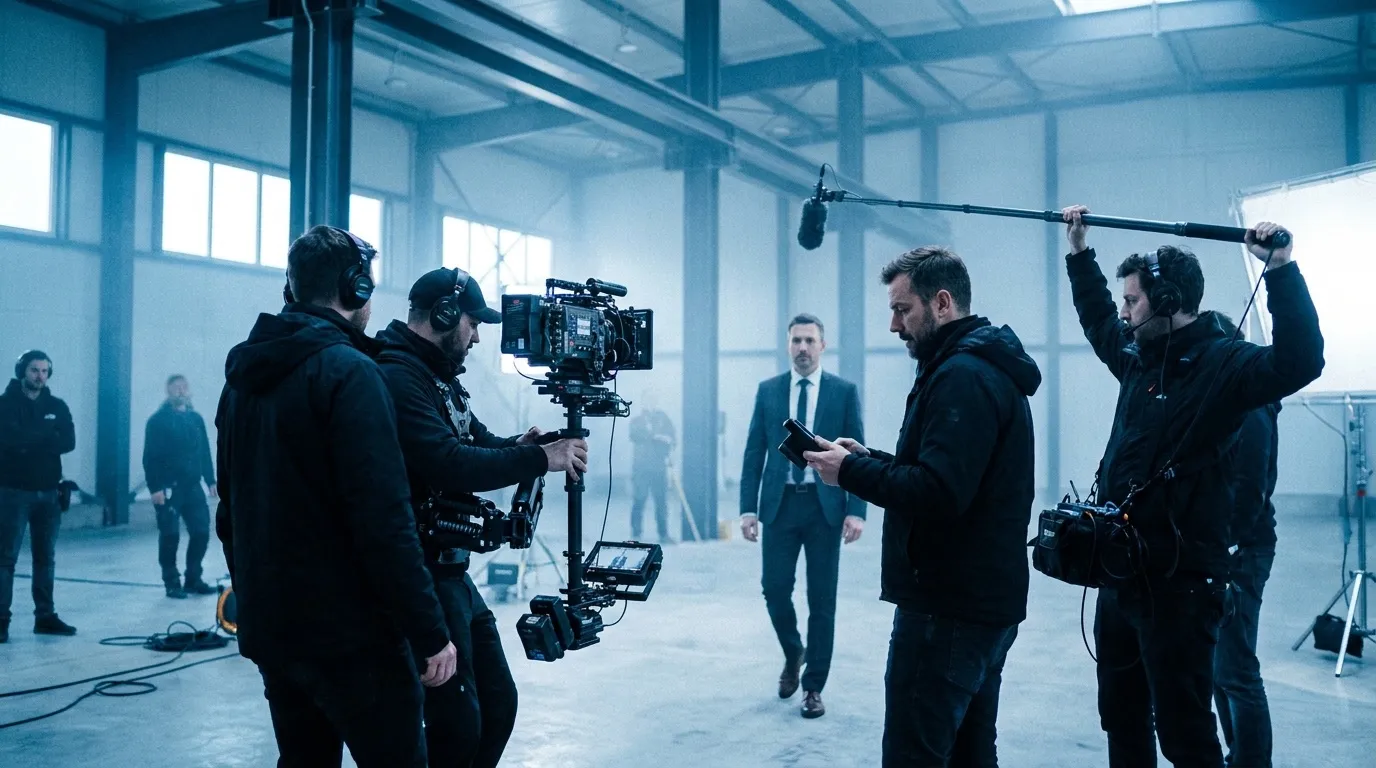 Une équipe de tournage filme un dirigeant en costume dans un espace industriel, ambiance cinéma.