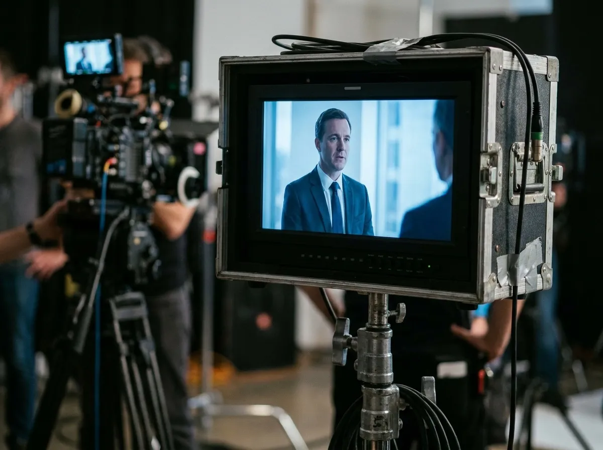 Moniteur de production sur pied affichant une interview B2B filmée sur le plateau