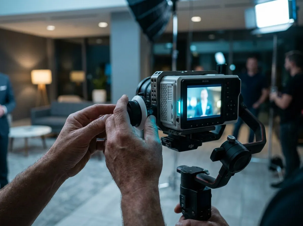 Plan rapproché d'une caméra cinéma filmant une interview B2B