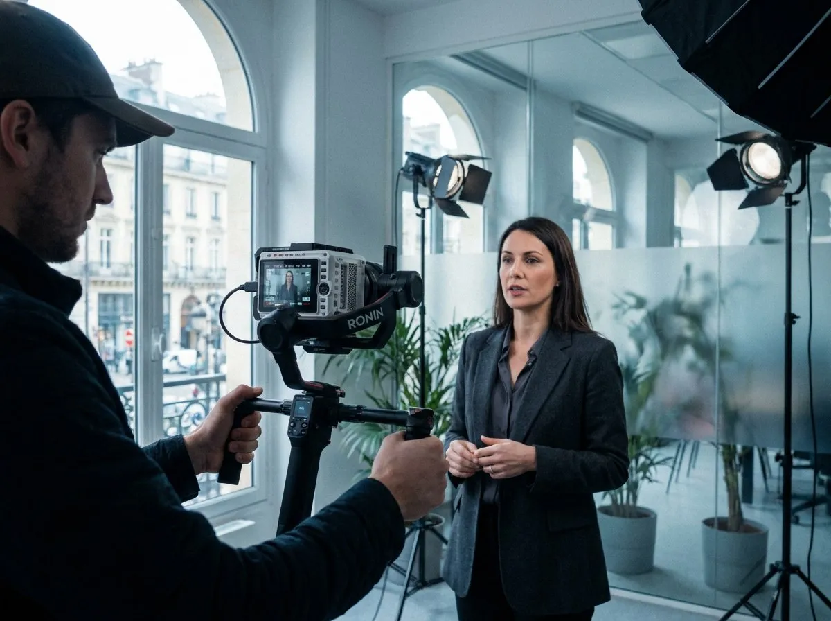 Tournage d'une vidéo B2B, caméra cinéma sur stabilisateur dans un bureau parisien