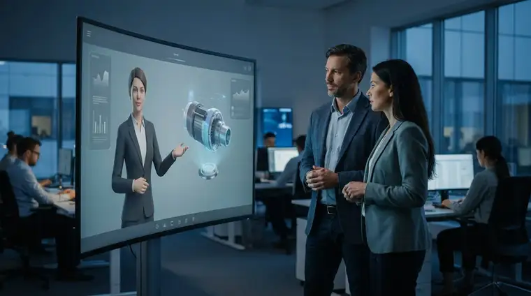 Professionnel face à un écran affichant un avatar IA dans un bureau moderne, lumière froide cinématique