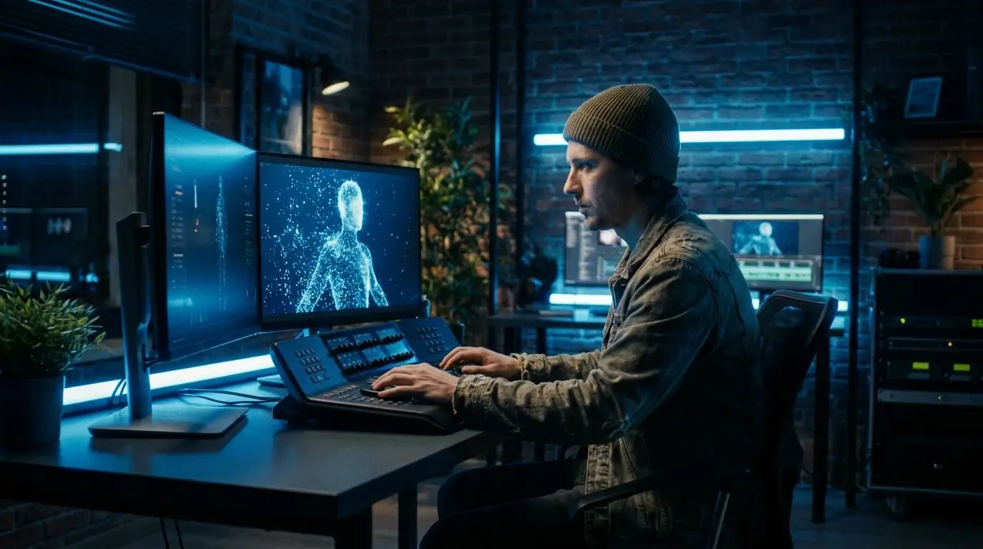 Un professionnel travaille avec des outils d'IA vidéo, un avatar numérique sur l'écran lumineux.
