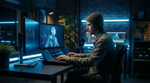 Un professionnel travaille avec des outils d'IA vidéo, un avatar numérique sur l'écran lumineux.
