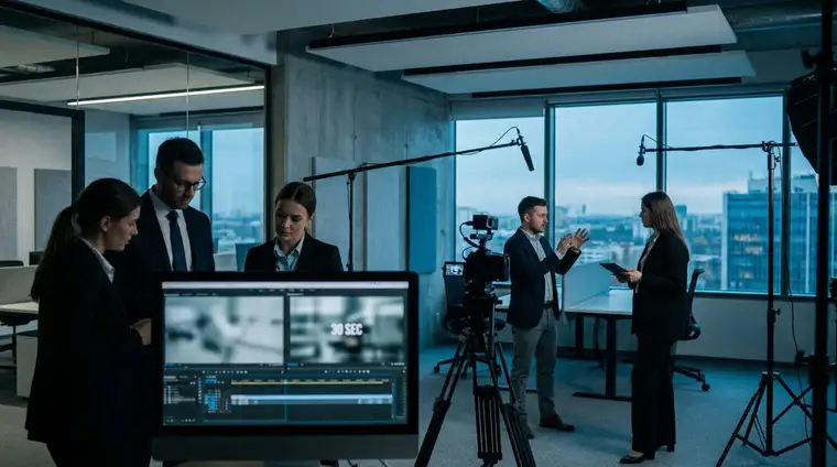 Professionnels en réunion devant des écrans dans un bureau moderne, ambiance cinématique bleu froid