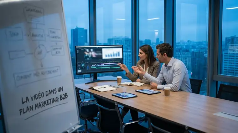 Bureau moderne avec écran affichant une présentation marketing B2B, ambiance cinématique bleue
