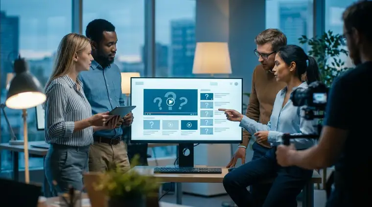Équipe B2B dans un bureau moderne autour d'un grand écran affichant une interface vidéo FAQ, ambiance cinématique bleutée