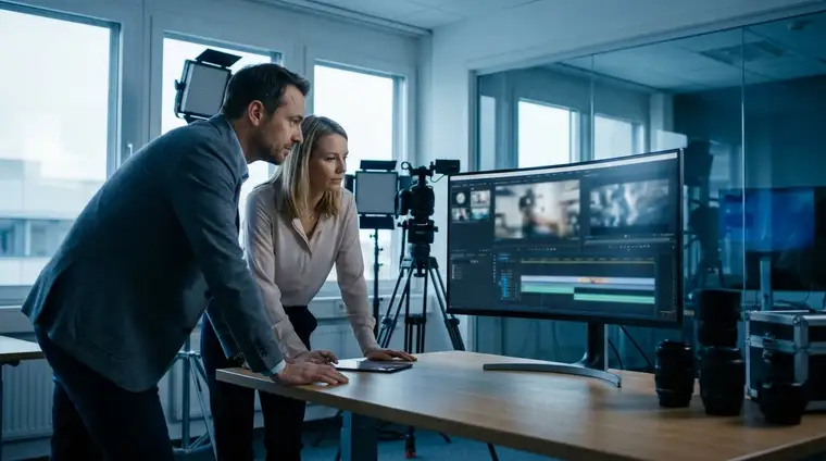 Deux professionnels analysant une vidéo d'entreprise sur un écran dans un bureau moderne