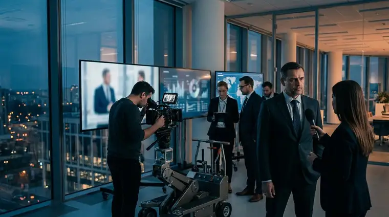 Équipe en réunion dans un open space moderne, lumière cinématographique froide et bleue, écrans affichant des données marketing
