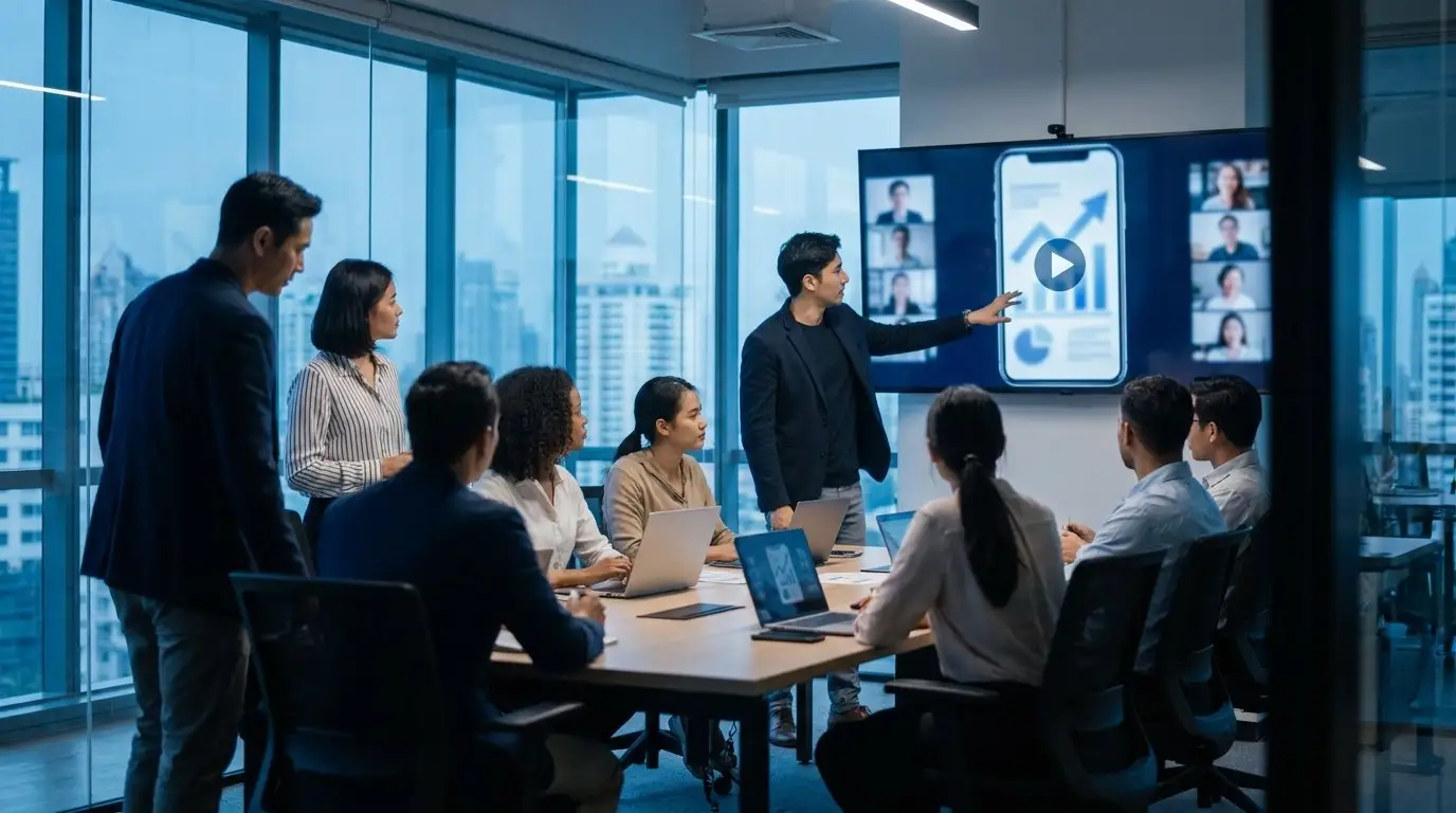 Professionnel dans un bureau moderne regardant un écran affichant un contenu vidéo LinkedIn, ambiance cinématique bleutée