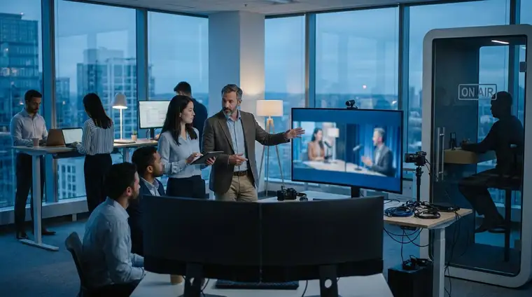 Deux professionnels en conversation devant des écrans dans un bureau moderne, ambiance cinématique bleutée