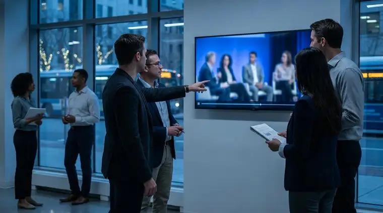 Deux professionnels devant un grand écran affichant une vidéo YouTube dans un bureau moderne aux tons bleus