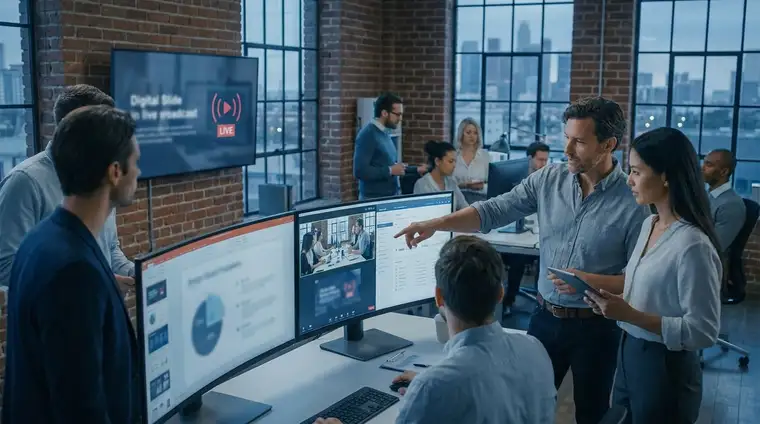 Professionnel présentant un produit en direct devant des écrans dans un bureau moderne aux tons bleus cinématiques