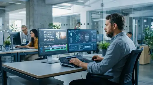 Éditeur vidéo professionnel devant deux écrans affichant une timeline de montage et une interface IA, bureau moderne en lumière bleue cinématique