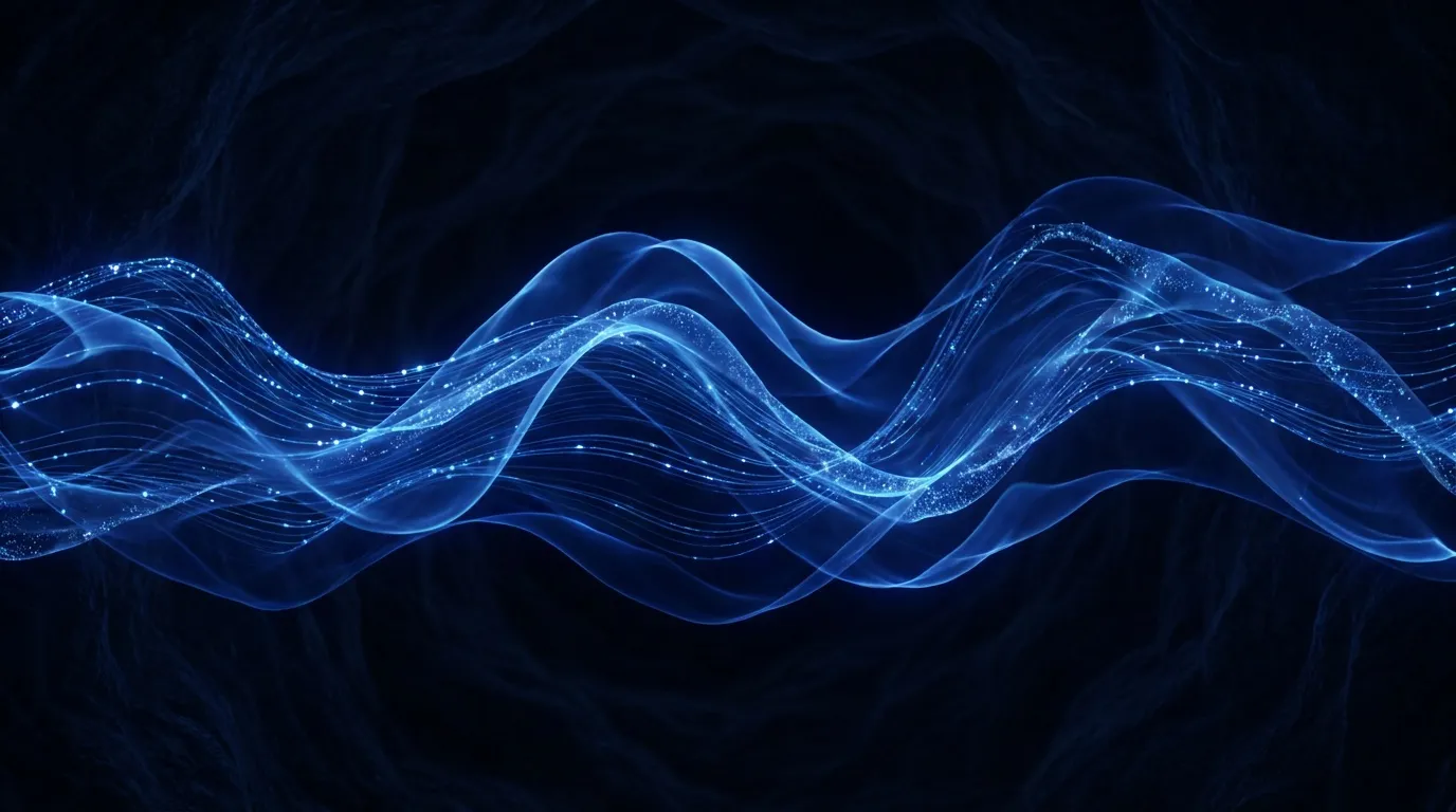 Vagues de particules animées en bleu cobalt sur fond sombre, esthétique motion design.