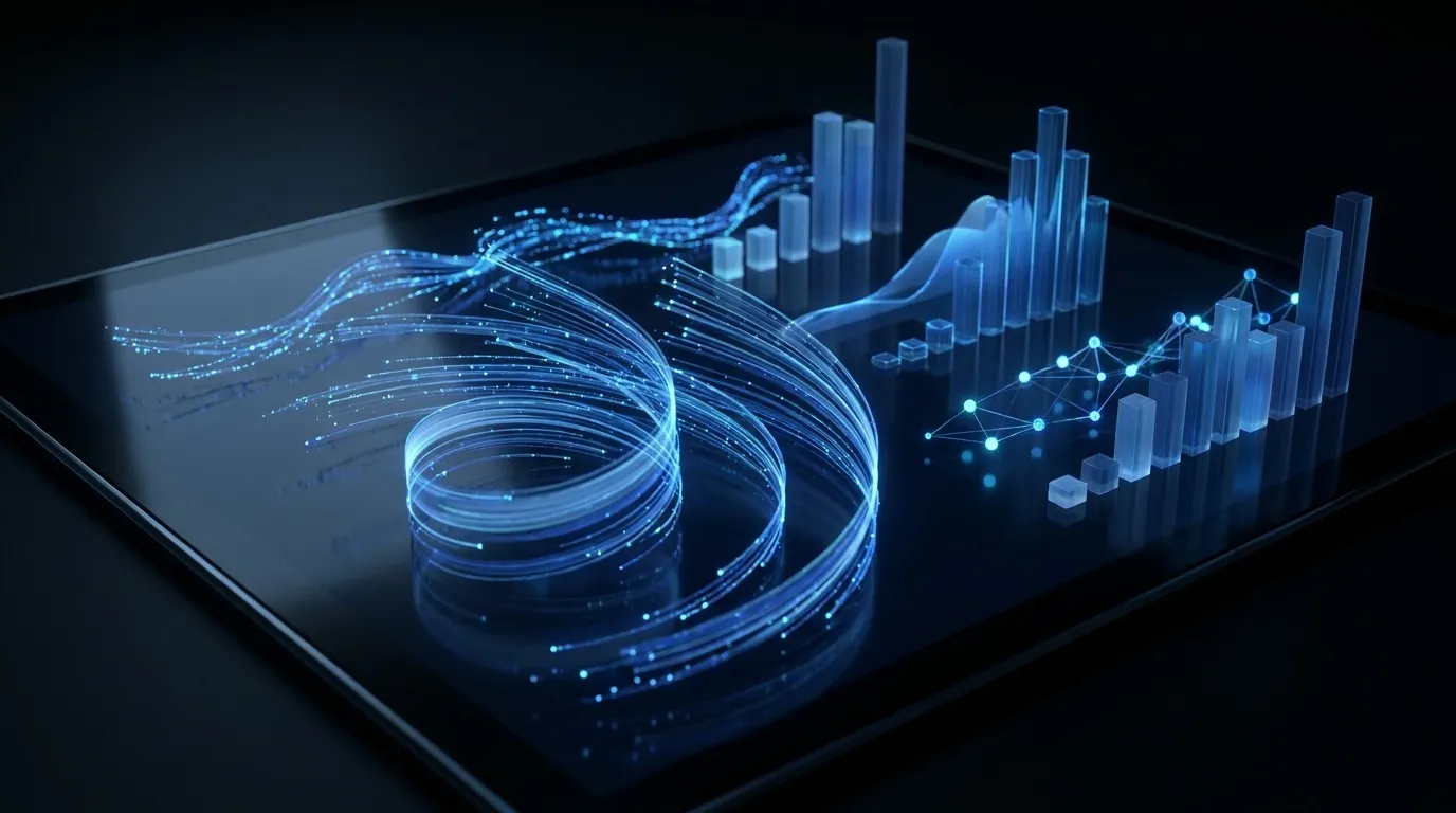 Une data visualisation animée en 3D, courbes lumineuses et graphiques en bleu cobalt sur fond sombre.