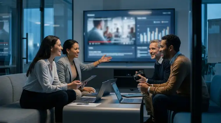Scène de bureau moderne avec écrans affichant des données marketing B2B, ambiance cinématique bleue froide