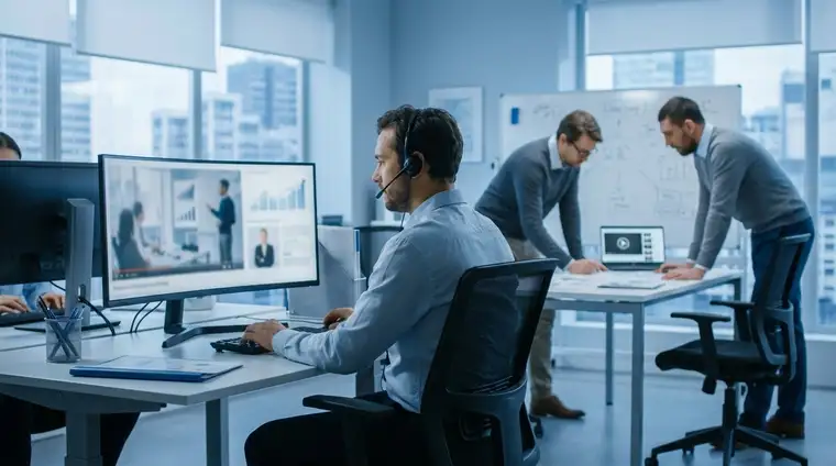 Commercial B2B regardant une vidéo de démonstration produit sur grand écran dans un open-space moderne aux tons bleutés