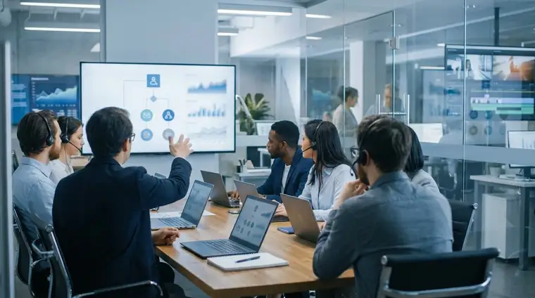 Équipe marketing dans un bureau moderne analysant des vidéos personnalisées sur des écrans, ambiance cinématographique bleutée