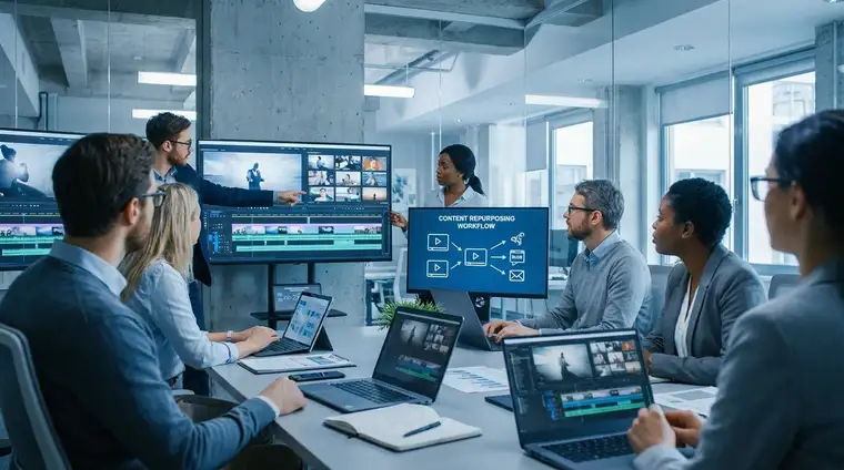 Professionnels en open space analysant des contenus vidéo sur écrans, lumière bleue cinématique