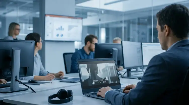 Professionnel en bureau moderne regardant une vidéo LinkedIn sous-titrée sur un ordinateur, ambiance bleue cinématique