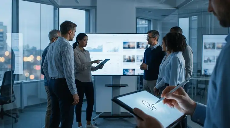 Professionnel en bureau moderne devant plusieurs écrans affichant des dashboards analytiques, éclairage cinématique bleu froid