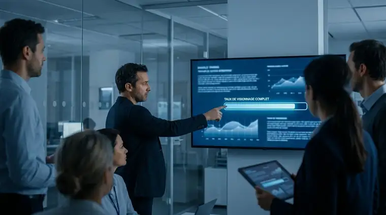 Professionnel B2B regardant des données de performance vidéo sur un écran dans un bureau moderne avec éclairage bleu cinématique