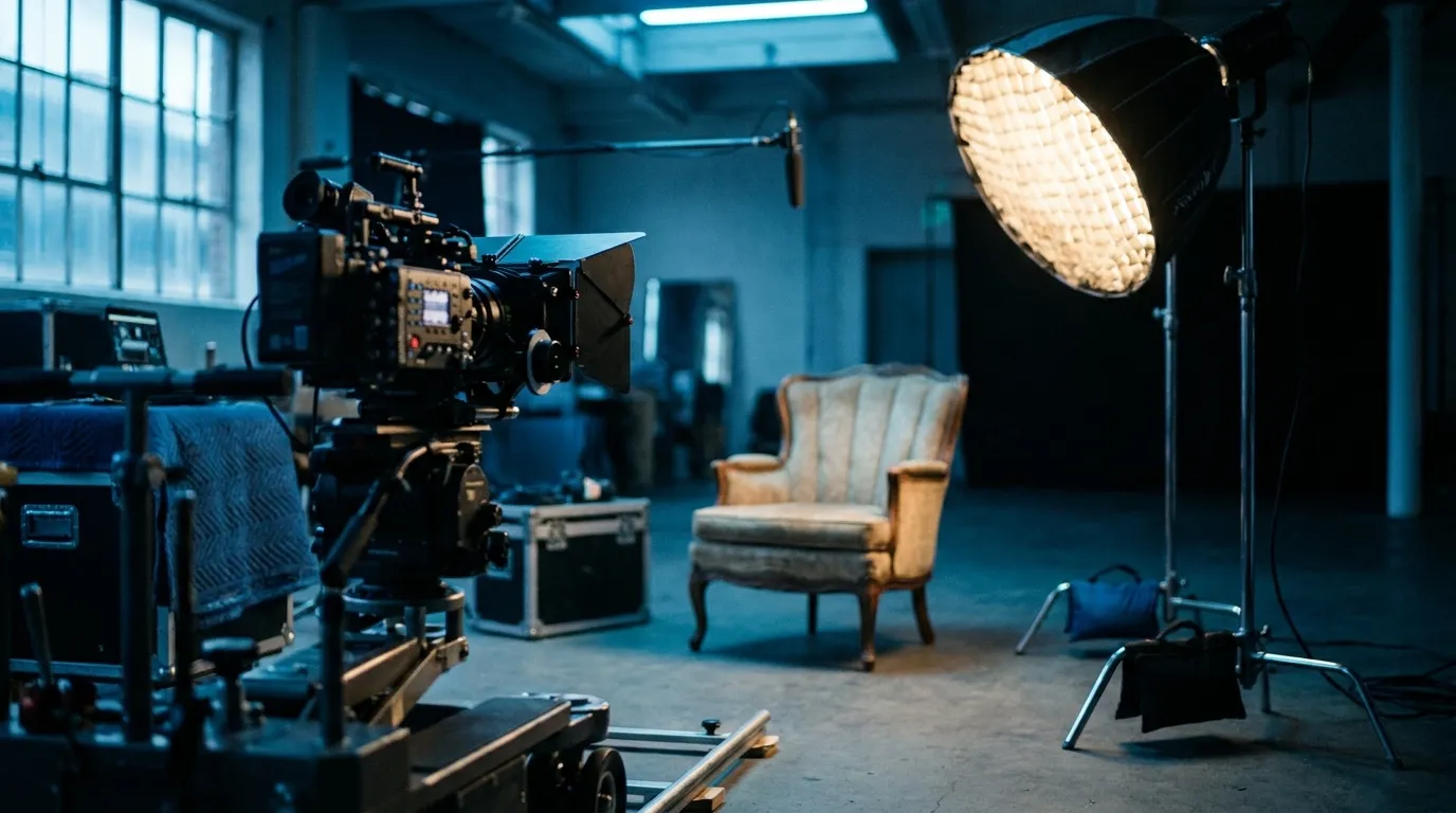 Plateau de tournage d’un témoignage : caméra cinéma sur travelling, fauteuil éclairé par une lumière douce.
