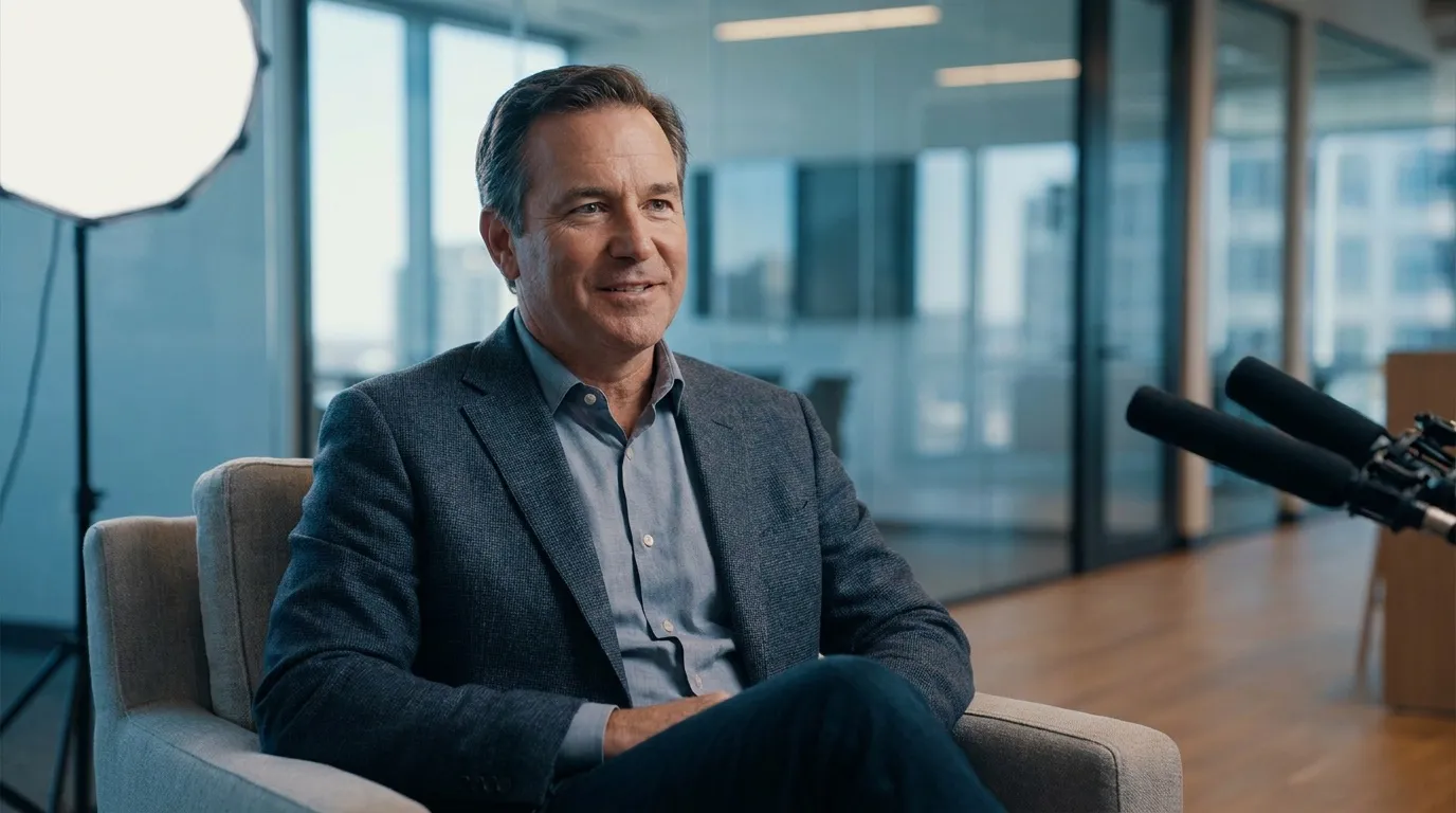 Un dirigeant client est interviewé face caméra dans un fauteuil, éclairage softbox en bureau moderne.