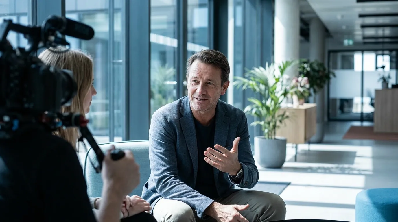 Un dirigeant gesticule en racontant son expérience pendant une interview filmée en open space.