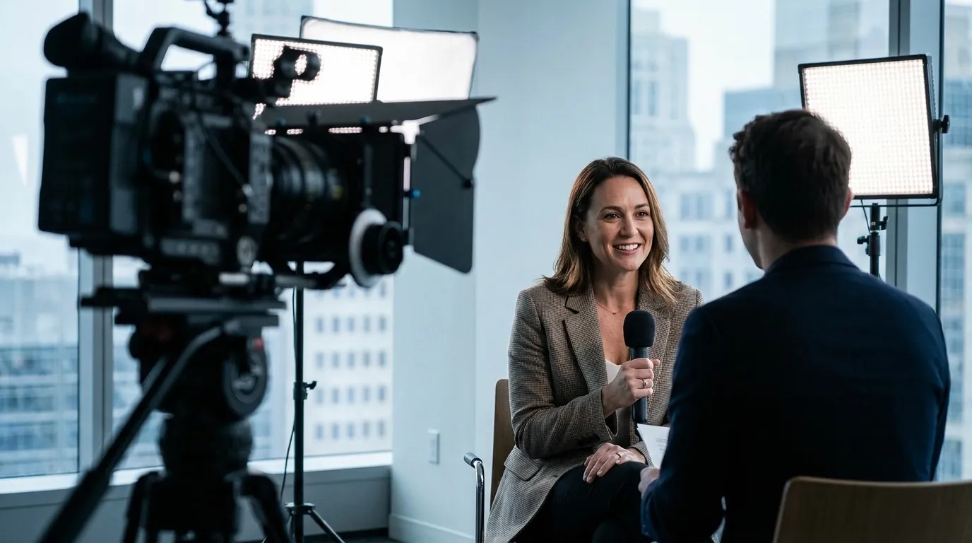 Une cliente est interviewée face caméra pour une vidéo témoignage, éclairage cinéma dans un bureau.